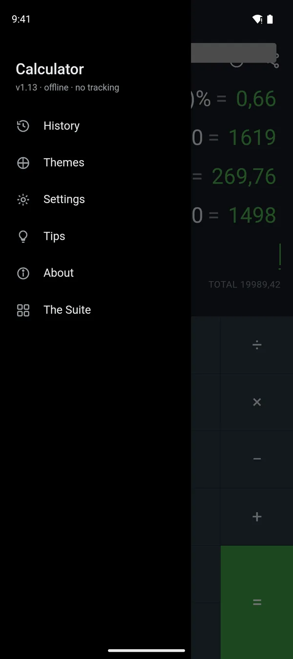Calculator — Themes, history, settings