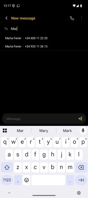 Messages — A new text, names as you type