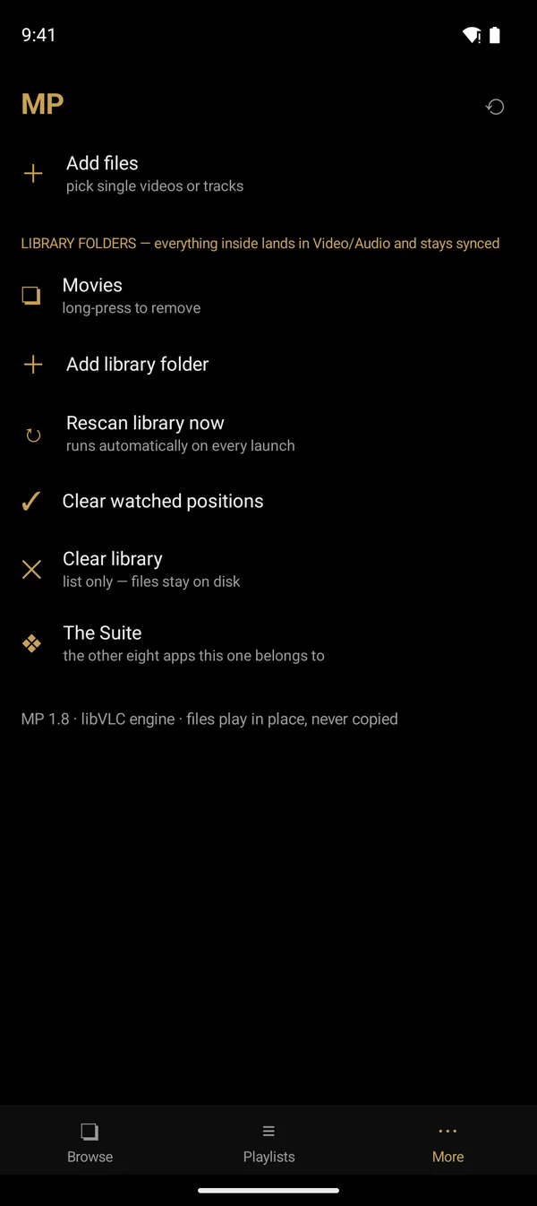 Video — Library folders — files play in place