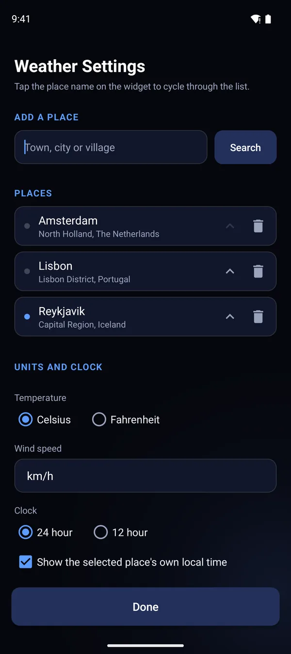 Weather — Places and units
